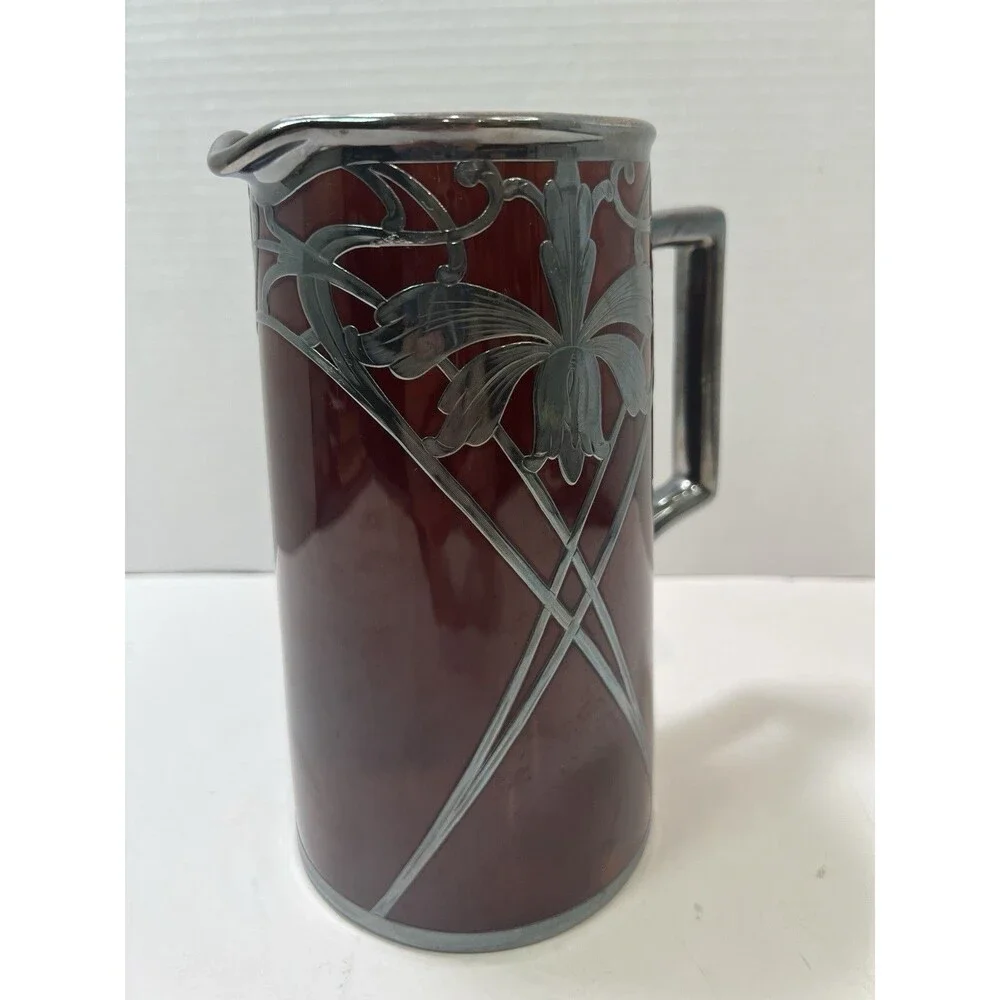 Antique LENOX Silver Overlay Chocolate Pot Pitcher Burgundy Art Nouveau No Lid